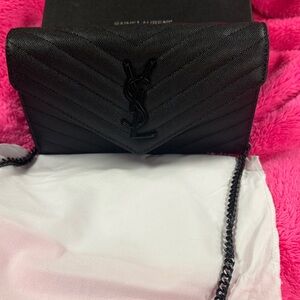 Saint Laurent Black Quilted Chain Crossbody Wallet